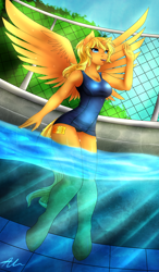 Size: 1024x1759 | Tagged: safe, artist:astatos-luna, imported from derpibooru, oc, oc only, oc:ticket, alicorn, anthro, alicorn oc, anthro oc, clothes, one-piece swimsuit, school swimsuit, solo, swimming pool, swimsuit, titcket