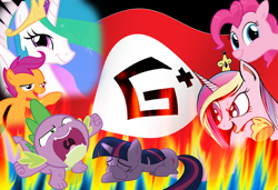 Size: 1376x940 | Tagged: safe, imported from derpibooru, pinkie pie, princess cadance, princess celestia, scootaloo, spike, twilight sparkle, chickun, exploitable meme, google, google plus drama, google+, meme, twiface, wrong neighborhood, youtube