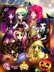 Size: 905x1200 | Tagged: safe, artist:shikimaakemi, imported from derpibooru, applejack, fluttershy, pinkie pie, rainbow dash, rarity, twilight sparkle, equestria girls, candle, clothes, costume, female, halloween, holiday, humane five, humane six, implied twidash, jack-o-lantern, lesbian, nightmare night, pumpkin, shipping, twidash