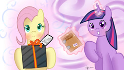 Size: 1024x576 | Tagged: safe, artist:dashermkii, imported from derpibooru, fluttershy, twilight sparkle, pegasus, unicorn, blushing, duo, levitation, looking at you, magic, magic aura, present, smiling, smiling at you, telekinesis, unicorn twilight