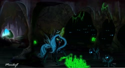 Size: 4629x2514 | Tagged: safe, artist:marikyt, imported from derpibooru, queen chrysalis, changeling, changeling queen, canterlot, cave, eyes in the dark, glowing mushroom, magic, mushroom