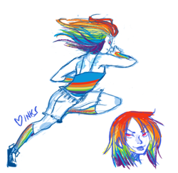 Size: 500x486 | Tagged: safe, artist:marquisespinneretmindfang, imported from derpibooru, rainbow dash, human, action pose, clothes, female, humanized, rainbow socks, shorts, socks, solo, striped socks, tanktop