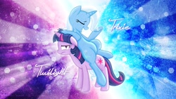 Size: 2560x1440 | Tagged: safe, artist:aloopyduck, artist:kooner-cz, imported from derpibooru, trixie, twilight sparkle, pony, unicorn, abstract background, duo, duo female, female, grin, grunge, mare, ponies riding ponies, riding, smiling, trixie riding twilight, unamused, vector, wallpaper