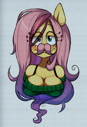 Size: 852x1228 | Tagged: safe, artist:lui-ra, imported from derpibooru, fluttershy, anthro, ambiguous facial structure, bedroom eyes, breasts, bust, busty fluttershy, cleavage, clothes, female, grin, markiplier, moustache, solo, sweater, sweatershy, warfstache