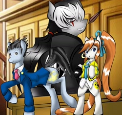 Size: 2004x1882 | Tagged: safe, artist:fourze-pony, imported from derpibooru, ace attorney, athena cykes, clothes, courtroom, crossover, feather, mutliple, parody, phoenix wright, ponified, simon blackquill