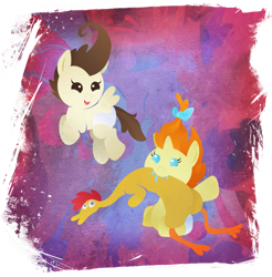 Size: 901x916 | Tagged: safe, artist:rariedash, imported from derpibooru, pound cake, pumpkin cake, pegasus, pony, unicorn, baby, baby pony, blank flank, colt, drool, female, filly, flying, foal, hooves, horn, lineless, male, mouth hold, open mouth, rubber chicken, sitting, solo, spread wings, wings