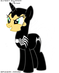 Size: 1024x1256 | Tagged: safe, artist:mp3fimmusic, imported from derpibooru, sunset shimmer, pony, unicorn, crossover, fangs, female, marvel, simple background, solo, spider-man, symbiote, transparent background, vector, venom