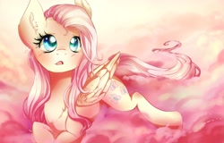 Size: 2500x1600 | Tagged: dead source, safe, artist:chocori, artist:dream--chan, imported from derpibooru, fluttershy, :o, blushing, cloud, cloudy, cute, ear fluff, eye reflection, female, folded wings, looking up, open mouth, pink cloud, prone, reflection, shyabetes, solo