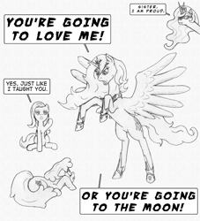 Size: 1089x1200 | Tagged: safe, artist:siegfriednox, imported from derpibooru, berry punch, berryshine, fluttershy, princess celestia, princess luna, dialogue, monochrome, pencil drawing, text, to the moon, traditional art, you're going to love me