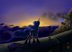 Size: 1000x727 | Tagged: safe, artist:grayma1k, imported from derpibooru, princess luna, alicorn, pony, backlighting, cloud, cloudy, cup, female, saddle bag, solo, sunrise, train, valley