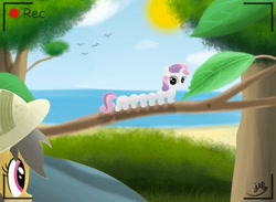 Size: 1500x1100 | Tagged: safe, artist:bugplayer, imported from derpibooru, daring do, sweetie belle, caterpillar, centipony, hybrid, pegasus, pony, :t, camera, camera shot, duo, eating, female, herbivore, leaf, mare, not salmon, sweetiepede, sweetiepillar, tree branch, wat