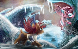 Size: 889x565 | Tagged: safe, artist:owlvortex, imported from derpibooru, oc, oc only, bat pony, pony, caribou, epic, fight, flying, frown, glare, ocean, open mouth, spread wings, viking caribou, water, wave