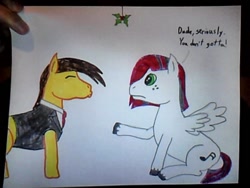 Size: 640x480 | Tagged: safe, artist:kendareru, imported from derpibooru, oc, oc only, oc:java tales, pony, crimson dazzle, duo, holiday, holly, holly mistaken for mistletoe, java tales, request, traditional art