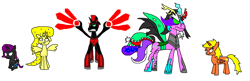 Size: 2567x831 | Tagged: safe, imported from derpibooru, oc, oc only, oc:niggertron, oc:nyx, oc:princess ataxia, oc:ticket, meme, red and black oc, tiara ultima, unamused