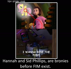 Size: 1774x1721 | Tagged: safe, imported from derpibooru, fluttershy, 1995, boy liking girly thing joke, brony, coincidence, hannah phillips, hilarious in hindsight, mind blown, sid phillips, toy story