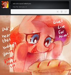 Size: 657x700 | Tagged: dead source, safe, artist:dhui, imported from derpibooru, pinkie pie, against glass, ask, baking, dialogue, female, food, oven, pie, solo, tired pie, tumblr