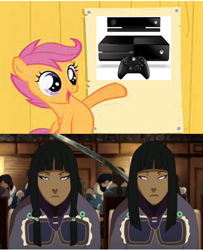 Size: 438x540 | Tagged: safe, imported from derpibooru, scootaloo, desna, eska, meme, obligatory pony, the legend of korra, xbox one