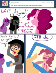 Size: 500x647 | Tagged: safe, artist:steveholt, imported from derpibooru, pinkie pie, twilight sparkle, earth pony, human, pony, unicorn, animated, ask, camera, comic, eyes closed, female, gif, glasses, harry potter, harry potter (series), hooves, horn, mare, open mouth, pinkie pie answers, simple background, tumblr, tumblr comic, white background