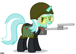 Size: 2500x1788 | Tagged: safe, artist:a4r91n, imported from derpibooru, lyra heartstrings, boots, clothes, command and conquer, communism, crossover, female, goggles, grin, hoof boots, red alert, shock trooper, simple background, solo, soviet, transparent background, uniform, vector, weapon