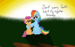 Size: 1024x647 | Tagged: safe, artist:shiverbear, imported from derpibooru, rainbow dash, scootaloo, duo, scootaloo can't fly