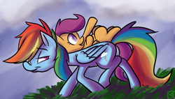 Size: 2100x1192 | Tagged: dead source, safe, artist:fauxsquared, imported from derpibooru, rainbow dash, scootaloo, carrying, on back, ponies riding ponies, riding, scootaloo riding rainbow dash, scootalove