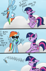 Size: 381x583 | Tagged: safe, artist:rainbowdashart101, imported from derpibooru, rainbow dash, twilight sparkle, alicorn, pony, comic, csi meme, female, flying, mare, sunglasses, twilight sparkle (alicorn)