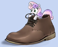 Size: 1148x922 | Tagged: safe, artist:gsphere, imported from derpibooru, sweetie belle, boot, characters inside shoes, cute, female, micro, mouth hold, shoes, solo