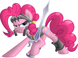 Size: 1032x774 | Tagged: safe, artist:itchykitchy, artist:ratchethun, imported from derpibooru, pinkie pie, earth pony, pony, armor, female, lidded eyes, looking back, simple background, solo, sword, transparent background