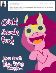 Size: 600x776 | Tagged: safe, artist:steveholt, imported from derpibooru, pinkie pie, female, mask, pinkie pie answers, solo, tumblr