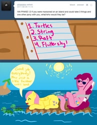 Size: 500x647 | Tagged: safe, artist:steveholt, imported from derpibooru, fluttershy, pinkie pie, turtle, pinkie pie answers, raft, string, sunglasses, tumblr