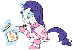 Size: 635x441 | Tagged: safe, artist:bambooharvester, imported from derpibooru, rarity, ask rarity, bathrobe, clothes, comfort eating, eating, female, hilarious in hindsight, ice cream, magic, rarity replies, robe, slipper mittens, solo