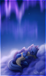 Size: 1024x1669 | Tagged: safe, artist:hecatehell, imported from derpibooru, princess luna, alicorn, pony, aurora borealis, cloud, eyes closed, female, mare, night, pillow, s1 luna, signature, sleeping, smiling, solo