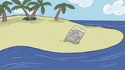 Size: 1400x787 | Tagged: safe, artist:whatsapokemon, imported from derpibooru, fluttershy, beach, comic, female, island, jar, micro, pony in a bottle, solo, underwater, water