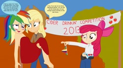 Size: 1196x667 | Tagged: safe, artist:garretthegarret, color edit, imported from derpibooru, apple bloom, applejack, rainbow dash, equestria girls, bare shoulders, barefoot, bridal carry, carrying, clothes, dialogue, drunk, drunker dash, feet, frilly underwear, hallucination, humanized, light skin, nudity, panties, underwear