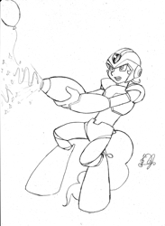 Size: 586x800 | Tagged: safe, artist:dj-black-n-white, imported from derpibooru, oc, oc only, oc:pogo, satyr, balloon, clothes, confetti, cosplay, costume, crossover, mega man (series), megaman, megaman x, monochrome, offspring, parent:pinkie pie, party cannon, solo, streamers