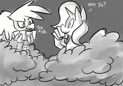 Size: 1280x900 | Tagged: safe, artist:fauxsquared, imported from derpibooru, gilda, trixie, griffon, card, cloud, dialogue, go fish, grayscale, monochrome, playing, trixie is magic