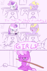 Size: 600x900 | Tagged: safe, artist:a6p, imported from derpibooru, cheerilee, dinky hooves, sweetie belle, ask dinky doo, meanie belle, meanie vs dinky, tumblr