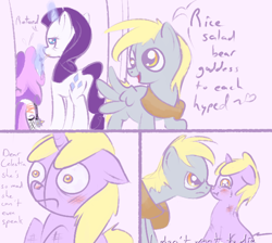 Size: 600x538 | Tagged: safe, artist:a6p, imported from derpibooru, derpy hooves, dinky hooves, rarity, sweetie belle, pegasus, pony, ask dinky doo, angrish, female, mare, meanie belle, meanie vs dinky, raribitch, retard, tumblr