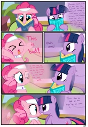 Size: 1741x2500 | Tagged: safe, artist:pyruvate, imported from derpibooru, pinkie pie, twilight sparkle, earth pony, pony, unicorn, comic:the usual, book, comic, dialogue, shipping, spa, spa pony pinkie pie, twinkie, unicorn twilight