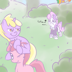 Size: 555x555 | Tagged: safe, artist:a6p, imported from derpibooru, dinky hooves, ruby pinch, snails, snips, sweetie belle, pony, unicorn, ask dinky doo, colt, crying, dinky riding ruby pinch, dinkyhat, dinkypinch, female, filly, lesbian, male, meanie belle, meanie vs dinky, narrowed eyes, ponies riding ponies, pony hat, riding, shipping, tumblr