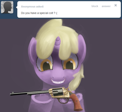 Size: 600x552 | Tagged: safe, artist:a6p, imported from derpibooru, dinky hooves, ask dinky doo, colt 45, colt single action army, female, gun, handgun, literal, pun, revolver, solo, tumblr, weapon