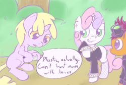 Size: 600x404 | Tagged: safe, artist:a6p, imported from derpibooru, dinky hooves, scootaloo, sweetie belle, ask dinky doo, knife, meanie belle, meanie vs dinky, stalkerloo, tumblr