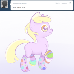 Size: 600x600 | Tagged: safe, artist:a6p, imported from derpibooru, dinky hooves, ask dinky doo, clothes, female, socks, solo, striped socks