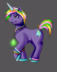 Size: 4000x5000 | Tagged: safe, artist:melinda chovexani, imported from derpibooru, oc, oc only, pony, unicorn, collar, glow, glowing, rainbow hair, rave, raver, solo