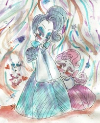 Size: 515x632 | Tagged: safe, artist:iiya, imported from derpibooru, rarity, sweetie belle, human, abstract background, hanbok, humanized, pencil, pony coloring, traditional art