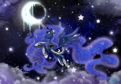 Size: 1600x1115 | Tagged: safe, artist:kanochka, imported from derpibooru, princess luna, female, flying, jewelry, moon, solo, stars, surreal, tangible heavenly object