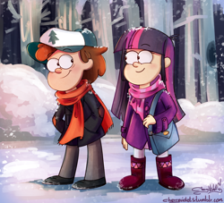 Size: 1072x972 | Tagged: dead source, safe, artist:cherryviolets, imported from derpibooru, twilight sparkle, human, crossover, crossover shipping, diplight, dipper pines, gravity falls, having a moment, humanized, public display of affection, shipping, snow, style emulation