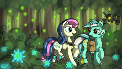 Size: 3000x1687 | Tagged: safe, artist:malamol, imported from derpibooru, bon bon, lyra heartstrings, sweetie drops, robot, clothes, forest, lyrabon, saddle bag, shipping, shoes