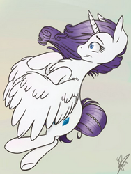 Size: 257x342 | Tagged: safe, artist:akara-art, imported from derpibooru, rarity, alicorn, pony, female, gradient background, mare, race swap, raricorn, signature, solo