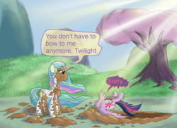 Size: 1024x747 | Tagged: safe, artist:firefanatic, imported from derpibooru, princess celestia, twilight sparkle, alicorn, pony, princess twilight sparkle (episode), crash, crashlight, dialogue, dirt, faceplant, female, mare, twilight sparkle (alicorn)